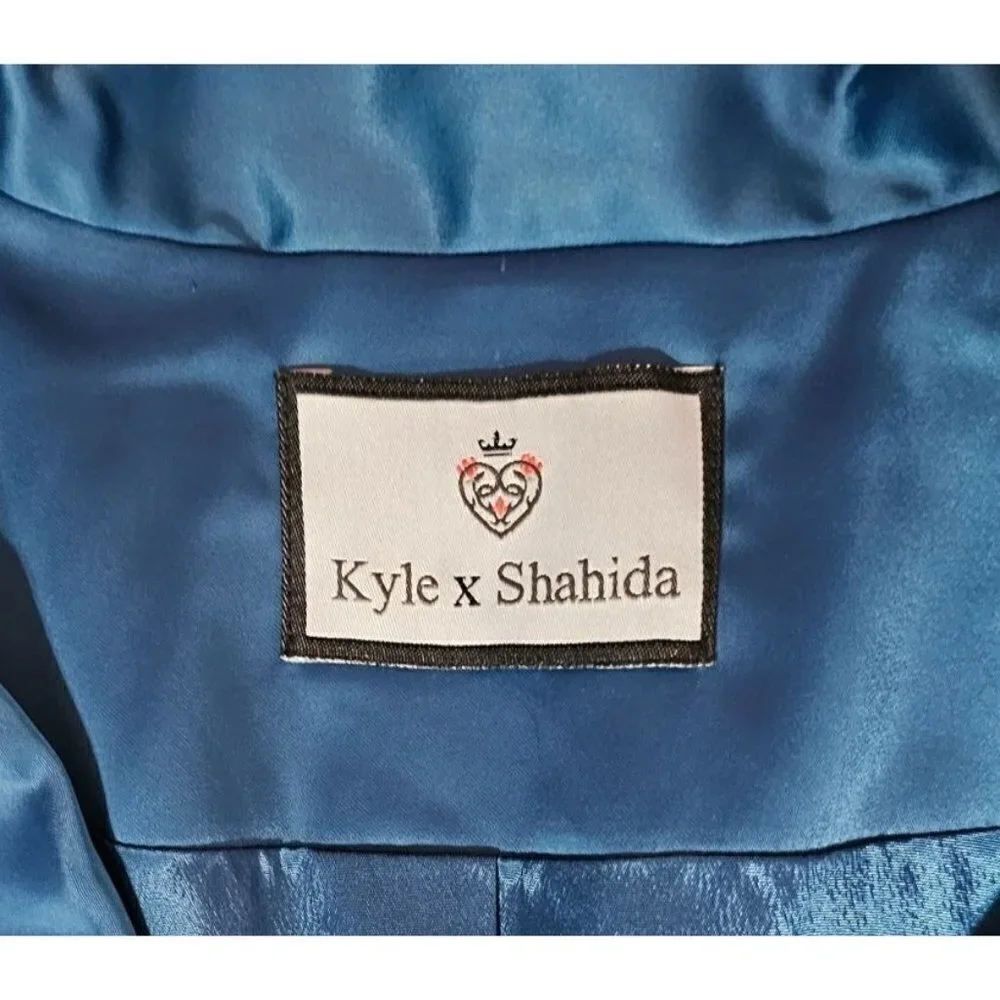 Kyle x Shahida designer blue silk long jacket blazer long slit sleeves size M - Picture 10 of 12